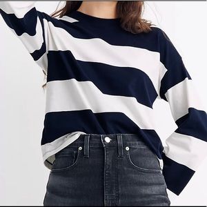 MADEWELL NAVY & WHITE WIDE RUGBY STRIPE RELAXED  BOXY LONG SLEEVE SHIRT
